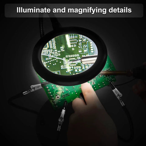 Helping Hands Soldering Station With 3X Magnifying Glass Light and 4 Flexible Arm Magnifier on green circuit board