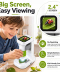 2 in 1 Digital Microscope for Kids, Handheld and Desktop STEM Toy for Exploring Leaves, Bugs, Coins, Fabrics, and More at Home, School, or Outdoors, Awesome for Curious Minds. White and green 2.4-inch screen microscope with kid controls.