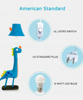 Blue Dinosaur Kids Floor Lamp With Adjustable Height From 50 Inches To Taller Modern Hand Stitched Toy Standing Lamp For Bedroom Or Living Room Fabric Dino With E26 LED Bulb Included, showing lamp, switch, plug and bulb