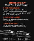 Diagram showing compatibility checks for 42V 2A Electric Scooter Charger For Gotrax And More Universal 36V lithium battery models