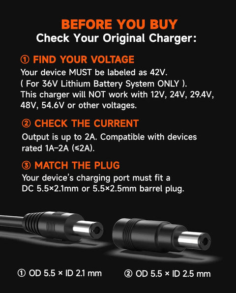42V 2A Electric Scooter Charger For Gotrax GXL V2 Apex E2 G3 Hiboy S2 Lite S2 S2 Pro Nex3 36V Lithium Battery Fast Smart Charging Replacement On The Go And Ride Ready