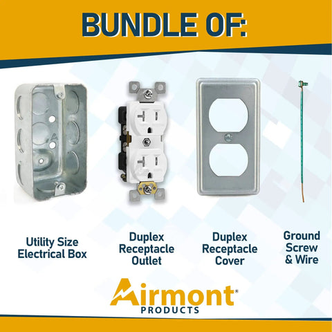 2x4 Inch Utility Electrical Box Kit With Duplex Receptacle Cover Tamper Resistant 20 Amp Outlet Green Grounding Wire And Ground Screw Ten Half Inch Knockouts Complete Junction Box Set For Easy DIY Install