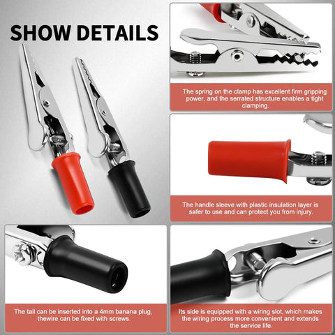 50 Pack Small Alligator Clip Test Clamps With Plastic Grips Red And Black 25 Each Kit shown with details and descriptions
