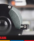 Close-up of 6X1X1 C120 General Purpose Bench Grinding Wheel for Metal, Pro Grade Green Silicon Carbide, mounted on grinder.