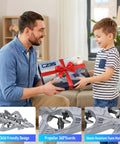 Father and son holding Rad Remote Control Plane With Lights And 360 Degree Flips Foam RC Toy For Kids Ages 8 And Up gift box.