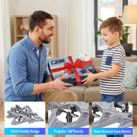 Father and son holding Rad Remote Control Plane With Lights And 360 Degree Flips Foam RC Toy For Kids Ages 8 And Up gift box.
