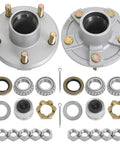 Heavy Duty 2000 Lb Galvanized Trailer Idler Hub Kit For Five Bolt Four And A Half Inch Bolt Circle With Bolt On Straight One And One Sixteenth Inch Spindle L44649 Bearings And Five By Four And A Half Axle For Boat Trailers laid out with components