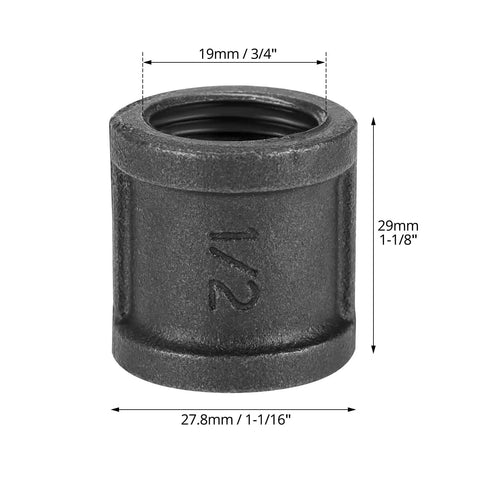 Pack Of Twenty Half Inch Iron Cast Pipe Couplings For Vintage DIY Furniture And Industrial Decor Projects, Heavy Duty Malleable Iron Fittings For Standard Threaded Pipes, Rust Resistant And Ready To Build, 1/2-inch coupling dimensions