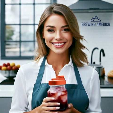 Person holding a jar with Wide Mouth Plastic Mason Jar Lids 4 Pack With Flip Cap Pour Spout And Drink Hole No Spill Easy Pour Fits Kerr Ball Canning Jars