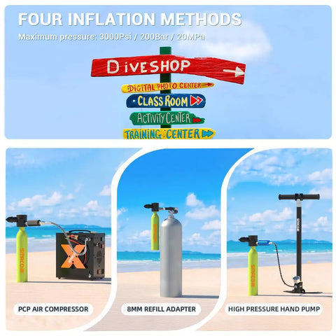 Mini Scuba Tank 0.5L Portable Underwater Air Cylinder With Pressure Gauge for Shallow Water, showing inflation methods: compressor, adapter, pump.