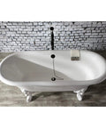 Top view of clawfoot tub drain with chain and stopper in matte black brass fixture, 20 gauge construction with corrosion resistant finish.