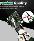 Close-up of 8 In 1 Wire Stripping And Cutting Tool With Voltage Tester Dual Alarm Needle Nose Pliers and circuit board