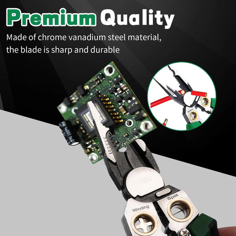 Close-up of 8 In 1 Wire Stripping And Cutting Tool With Voltage Tester Dual Alarm Needle Nose Pliers and circuit board