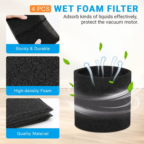 Eight Pack Reusable Dry Filters With Foam Sleeve Kit for Heavy Duty Five Gallon And Up Wet Dry Vacuums Replacement Filter Set