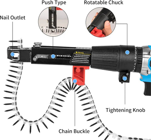 Heavy Duty Aluminum Screw Drill Chain Adapter with rotatable chuck and nail outlet for efficient automatic fastening.