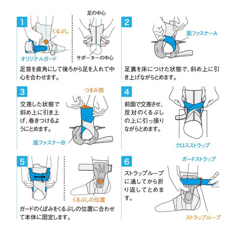 Instruction diagram for Ankle Support Brace For The Court Right Foot Size L Black A2-DX showing step-by-step fitting guide.