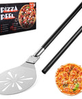 Front view of a 9-inch perforated stainless steel pizza peel with a long detachable black handle.
