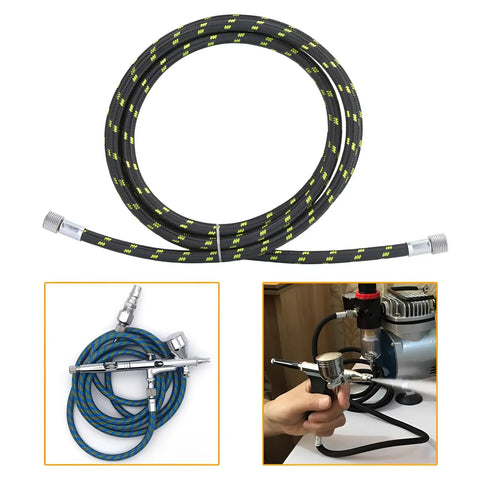 Two Pack Braided Airbrush Hoses Five Point Nine Feet With One Eighth Inch Twist Fittings For Nail Techs Spray Painters And Model Makers Ensuring A No Fuss Hookup Daily, displayed with connected airbrush.