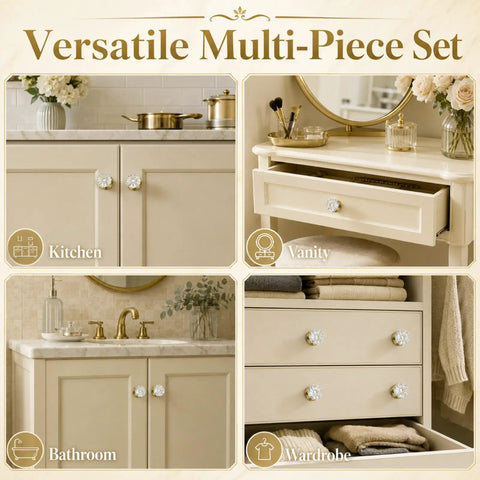 Slick 1.38 Inch Flower Shape Crystal Cabinet Knobs With Heavy Duty Solid Brass Base for kitchen, vanity, bathroom, and wardrobe.