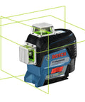 Boss Class 12V Max Three Plane Green Beam Laser Level with three 360-degree planes and compact design for contractors and crews.
