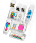 Interlocking Bin Pack 8 Piece Set For Home Organization And Office Storage Junk Drawer Friendly Modular Drawer Organizer System With Durable Non Slip Bins In White Custom Configurations For Shelves Desks And Cabinets showing filled bins with office supplies
