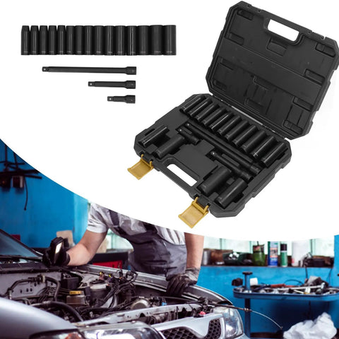 Dope 18 Piece Cr V Steel Deep Socket Set With 10 To 24mm Metric Sockets Plus Extension Rods Prograde Impact Kit Anti Round Hex Design Perfect For Auto Pros And Gear Heads Needing Reliable Hardware Grip in case with sockets and extension rods