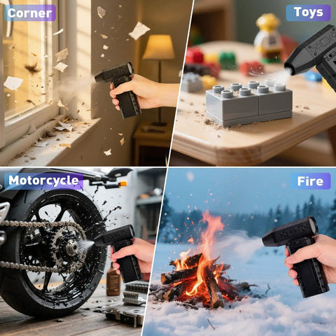 Cordless Electric Air Duster Turbo 110,000 RPM Portable Mini Blower used for cleaning corners, toys, motorcycle parts, and fire debris.