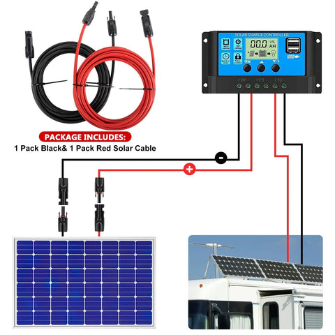 Two Pack Fifty Foot 10 AWG Solar Panel Extension Cables With Waterproof Male And Female Connectors For RVs And Photovoltaic Systems, Heavy Duty Outdoor Solar Wiring For Easy Flexible Setup diagram