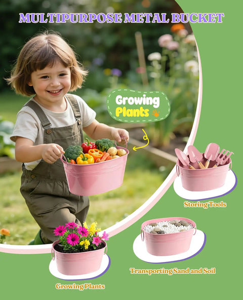 Child holding pink metal bucket from 8 Piece Kids Gardening Set With Real Metal Tools Metal Basket And Tote Gloves Watering Can Shovels Rake