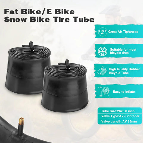 26 Inch Fat Bike Tire Set With Inner Tubes Two Pack For E-Bike Snow MTB And Tricycle Replacement 26 By 3.0 75-559 Foldable Tires Durable Nylon Rubber Build Schrader Valve High Wear Resistance Long Lasting Ride. Two 26x3.0 black rubber inner tubes with Schrader valves