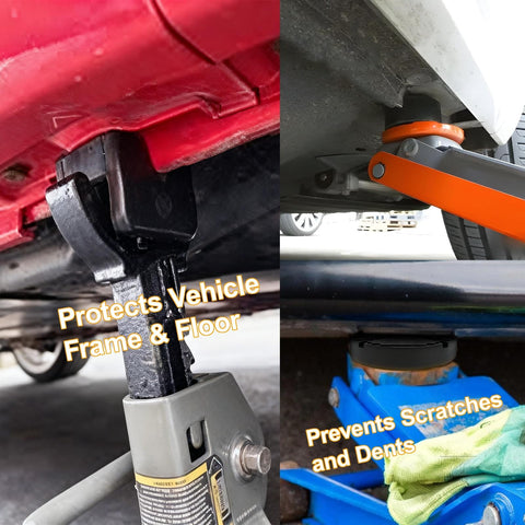 Image showing a Universal Jack Pad Set For Floor Jacks And Stands High Density Rubber Pads Protect Pinch Welds And Frame Rails Prevent Scratches Dents Or Bends While You Lift Cars SUVs And Trucks, installed on vehicle.