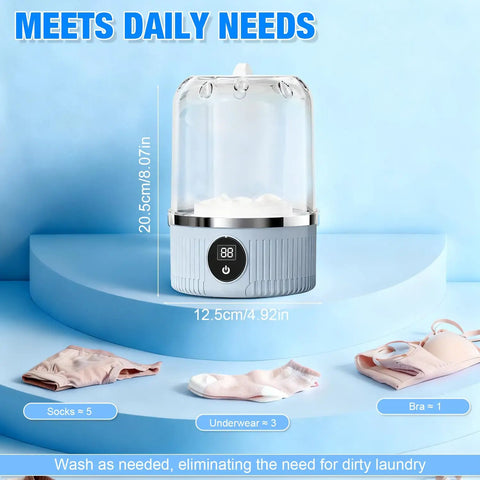 Straight Up Portable Mini Washing Machine For Underwear And Socks Compact Travel Laundry Cleaner with socks and underwear displayed.