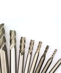 End mill set, 8 HSS 4-flute square-nose cutters with straight shanks in assorted diameters