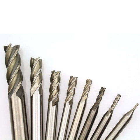 End mill set, 8 HSS 4-flute square-nose cutters with straight shanks in assorted diameters