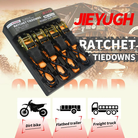 Tough As Nails Ratchet Tie Down Straps 15 Foot Long 4 Pack Heavy Duty Cargo Straps With 1500 Lb Break Strength For Truck Beds Motorcycles And Lawn Gear Hauling Orange in packaging.
