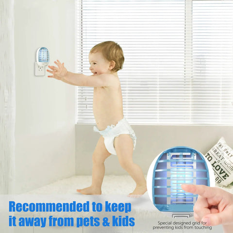 Installed indoor bug zapper with blue lights and safe design electronic fly trap in child's room for home use