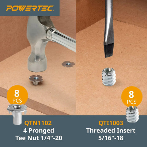 Image of T Track Knob Kit With 5/16-18 T Bolts And Washers, All-In-One 46 Piece Set showing tee nut and threaded insert use.