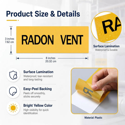 10 Pack Self Adhesive Radon Vent Pipe Marking Stickers, Hella Bright Yellow Safety Labels, 3 X 8 Inch Tough Pipe Identification Decals, Great For Radon Mitigation Jobs, Pro Grade Job Site Tags To Label Pipes Straight Up Like A Boss.