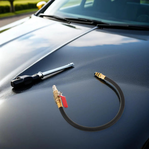 Top Rated Premium Boss Level European Cylinder Pressure Hose Rubber Alloy For Engine Leak Test Quick Connect No Leak Setup Fits Air Compressor And Auto Diagnostic Tools Easy Install Heavy Duty Performance For Garage Crew black hose with brass quick-connect fitting on car hood