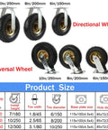Heavy Duty Fixed Caster Wheels Set Of 2 With Precision Ball Bearings Rock Solid Pneumatic 10 Inch Rubber Tires, various sizes displayed.