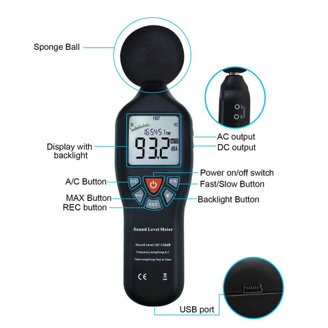 Pro Grade Sound Level Meter With Data Logger And Software, Auto Range, Backlit LCD, 30 to 130 dB Range, detailed button view
