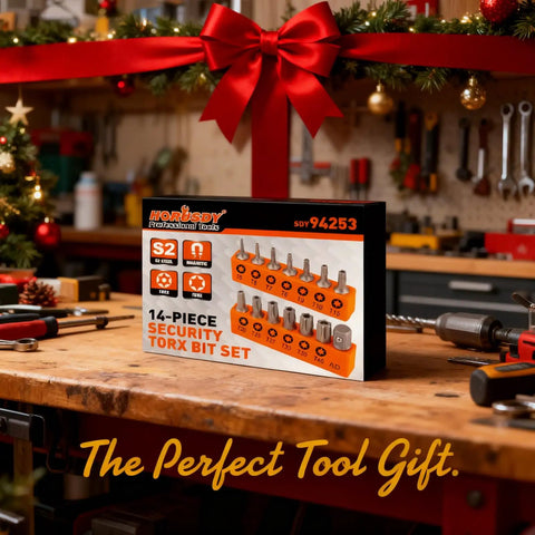 Rugged 14 Piece Tamper Resistant Torx Bit Set In S2 Alloy Steel T5 To T40 Security Star Bits on workshop bench.