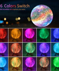 Galaxy Moon Lamp 4.8 Inch With Wood Stand, 16 Color Changing LED Moon Light display in various colors on dark background.