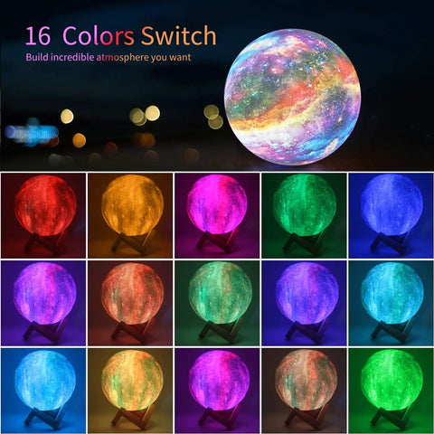 Galaxy Moon Lamp 4.8 Inch With Wood Stand, 16 Color Changing LED Moon Light display in various colors on dark background.