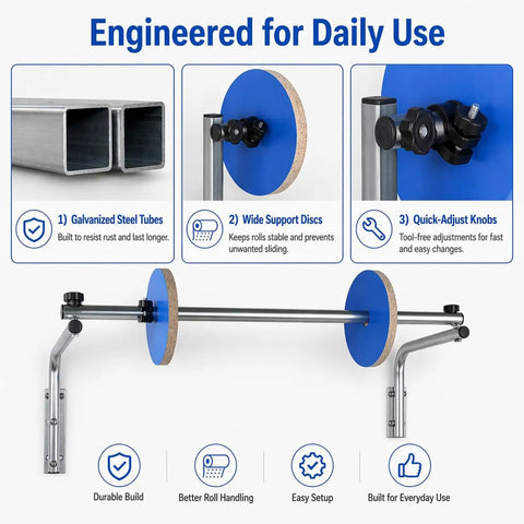 Kickass Wall Mount Bubble Wrap Dispenser With Hella Durable Foldable Steel Frame Adjusts 30 To 150Cm Rolls, featuring galvanized steel tubes and support discs.