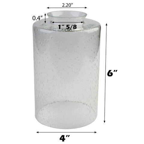 Bubble Glass Shade Replacement 3 Pack For Screw Fixed Fixtures Clear Lip Cylinder Seeded Glass For Ceiling Fans Pendant Lights And Bathrooms Not For Ring Socket Fixtures 1 Inch Hole With Five Eighths Inch Fitter, showing clear textured cylindrical glass with dimensions 6 inches height, 4 inches diameter