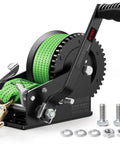 Rock Solid Boat Trailer Winch With Strap 3500 Lbs Hand Winch with green strap, steel gearbox, and included hardware for easy installation.