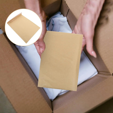 Hands holding Khaki Kraft Bubble Mailers Set 22x34cm Drop Resistant Padded Envelopes, focusing on self-sealing feature.