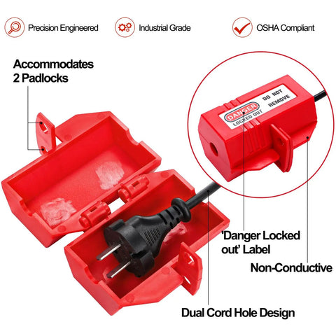 Three Pack Plug Lockout Device For Lockout Tagout 110 And 220 Volt Polypropylene Power Cord Lockout in open position
