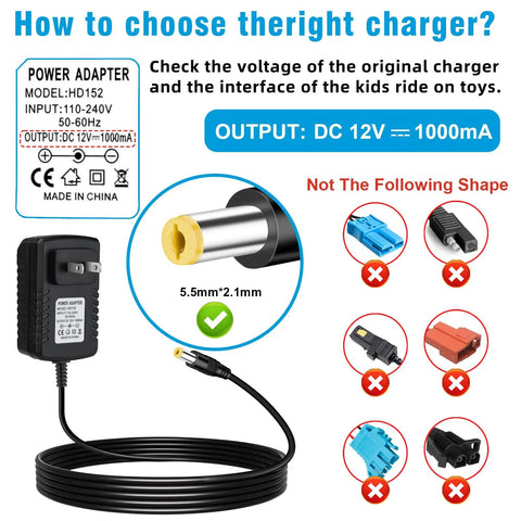 12V Ride On Toy Battery Charger For Kids Replacement Compatible With Wrangler Jeeps Kidzone Lamborghini Dynacraft Mercedes Range Rover BMW I8 Hello Kitty Car Ferrari Farm Bumper Cars